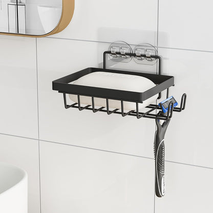 Adhesive Soap Bar Holder for Shower Wall, Self Draining Soap Dish Container Caddy Saver with 2 Hooks for Razor Loofah, Shampoo Sponge Tray Case Box for Bathroom Kitchen Sink, Black