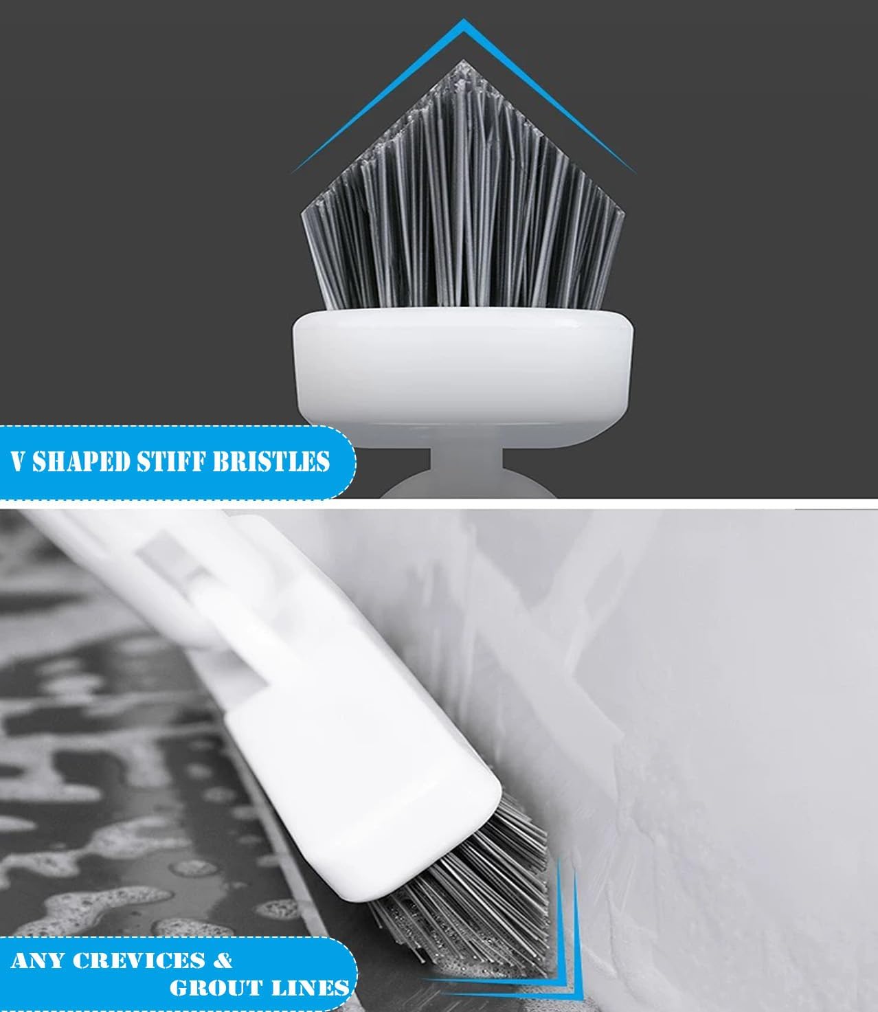 Grout Brush Floor Scrub Brush with Long Handle V Shape 51" Floors Scrubber with Stiff Bristle for Cleaning Bathroom Shower Tile, Patio, Garage, Kitchen, Wall and Deck (Off White)