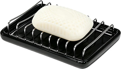 Ceramic Soap Dish with Stainless Steel Drain Tray Self Draining Soap Holder Sponge Holder Soap Dishes for Shower, Bathroom, Kitchen Sink