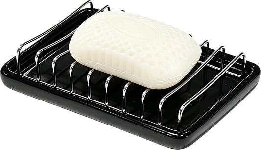 Ceramic Soap Dish with Stainless Steel Drain Tray Self Draining Soap Holder Sponge Holder Soap Dishes for Shower, Bathroom, Kitchen Sink