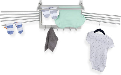 BGT Wash Clothes Drying Rack Wall Mount Laundry Room Organizer with Hooks & Swing Arms, 17" Metal Laundry Rack Silver