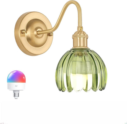Shenmoyl Vintage Battery Operated Wall Sconce with Transparent Tulip Glass Lampshade Rechargeable Battery Powered Wall Light with Remote Control for Bedside Bedroom Doorway, Set of 2