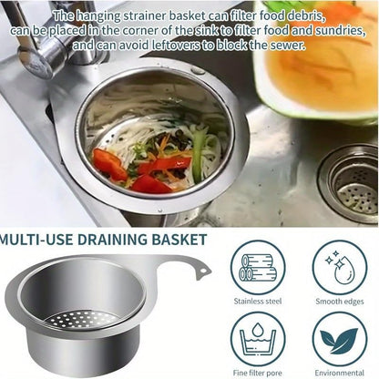 Premium Stainless Steel Kitchen Swan Sink Strainer Basket Hanging Waste Drain Filter Basket Fruit Vegetable Drainer Sponge Rack Storage