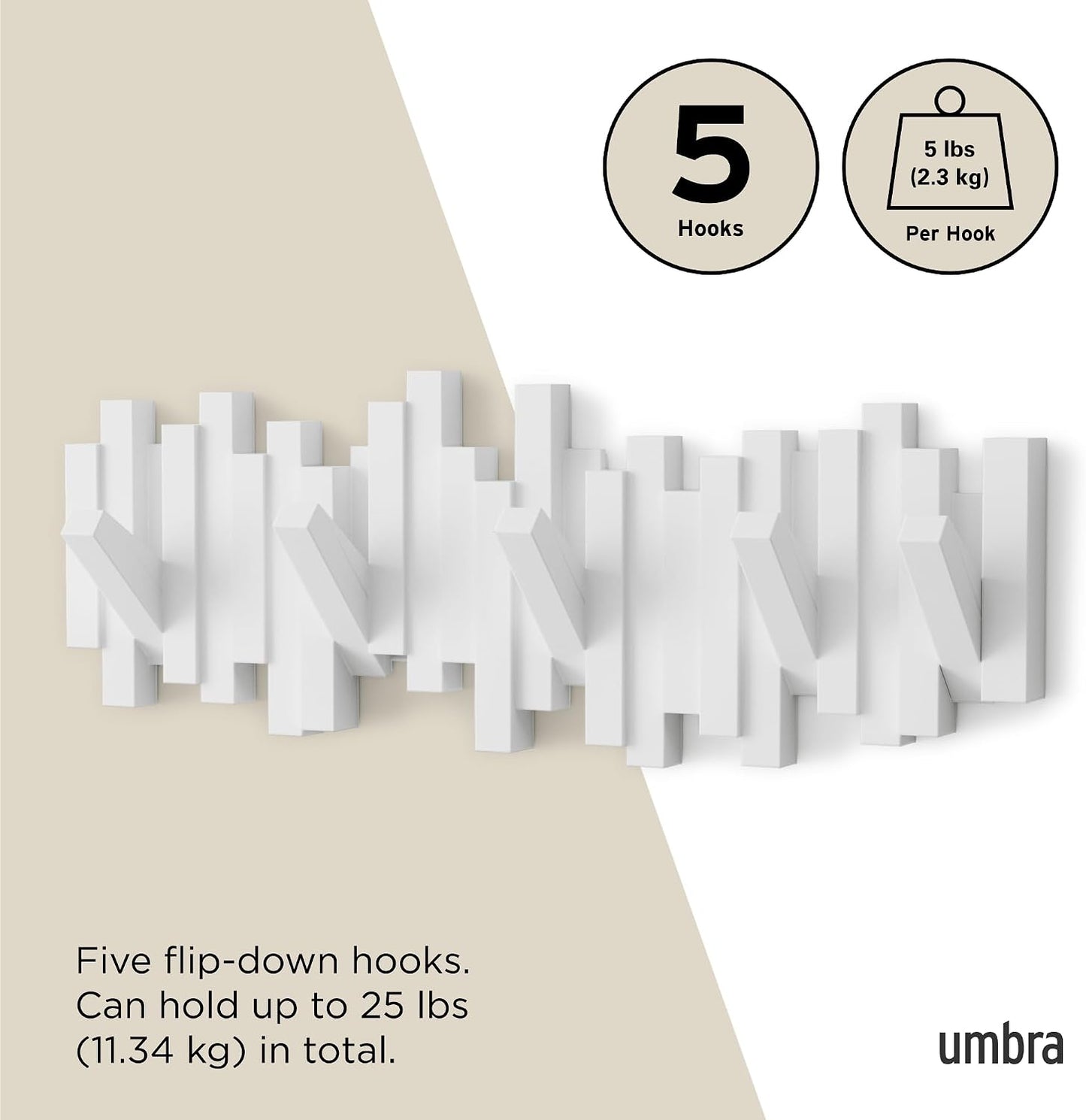 Umbra Sticks Wall-Mounted Coat Rack Rail Hook with 5 Retractable Pegs – Modern, Space-Saving Storage Organizer, Black