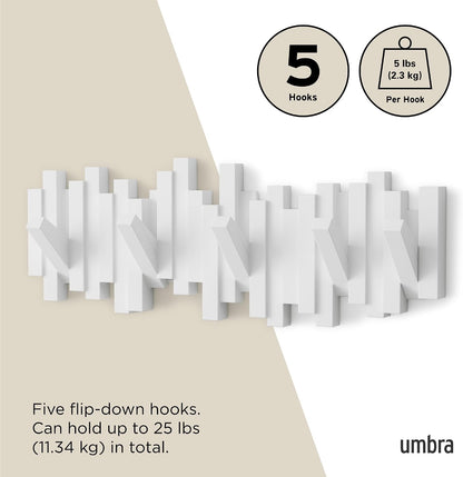 Umbra Sticks Wall-Mounted Coat Rack Rail Hook with 5 Retractable Pegs – Modern, Space-Saving Storage Organizer, Black