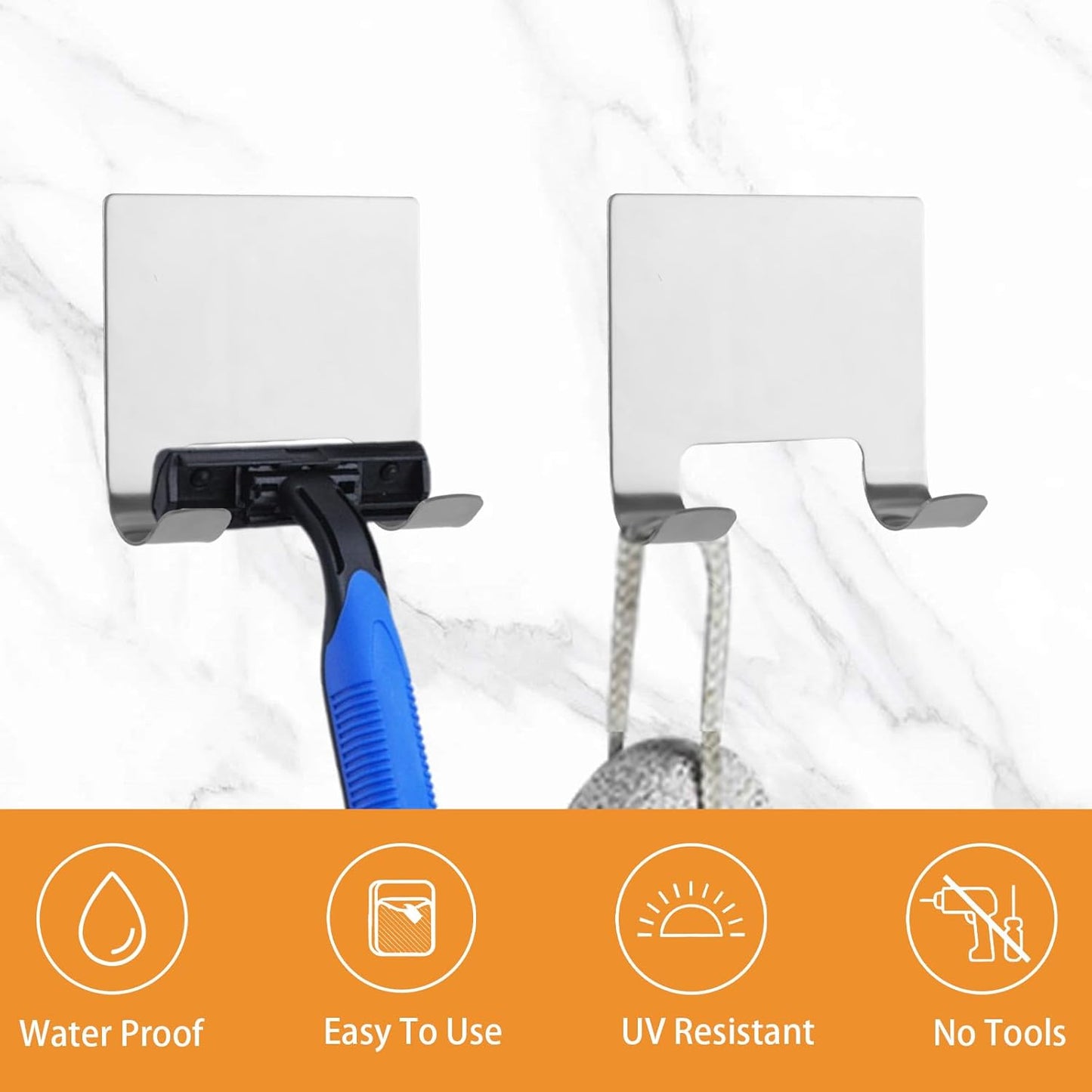 MOROBOR 4 Pcs Shower Squeegee Adhesive Hook, All-Purpose Scraper Holders Towel Hooks Stainless Steel Waterproof Storage Hook Bath Accessories for Kitchen & Bathroom（Silver）