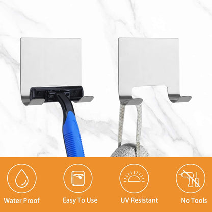 MOROBOR 4 Pcs Shower Squeegee Adhesive Hook, All-Purpose Scraper Holders Towel Hooks Stainless Steel Waterproof Storage Hook Bath Accessories for Kitchen & Bathroom（Silver）