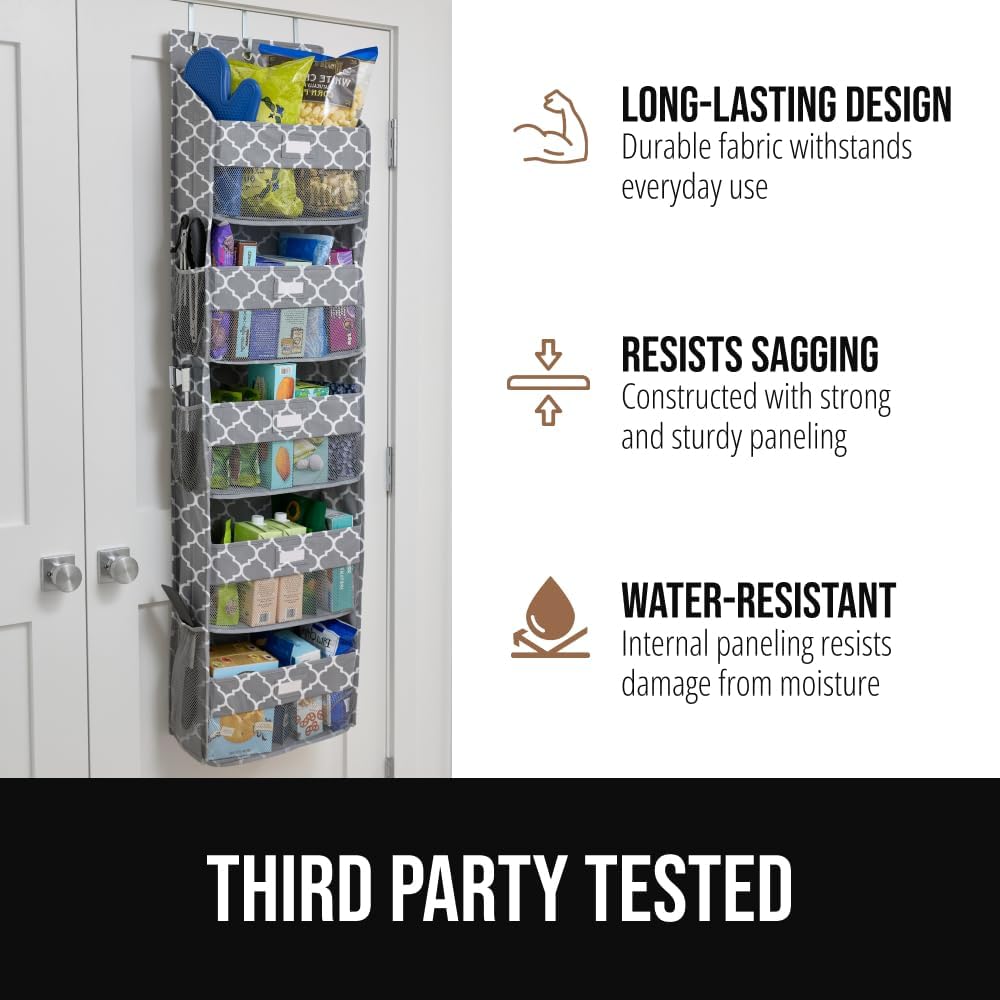 GORILLA GRIP Over the Door Shoe Organizer, 24 Large Breathable Mesh Pockets, Space Saving Hanging Storage Holder, Closet Rack Hanger Holds Up to 40 lbs, Hangs on Closets for Shoes, Accessories, Grey