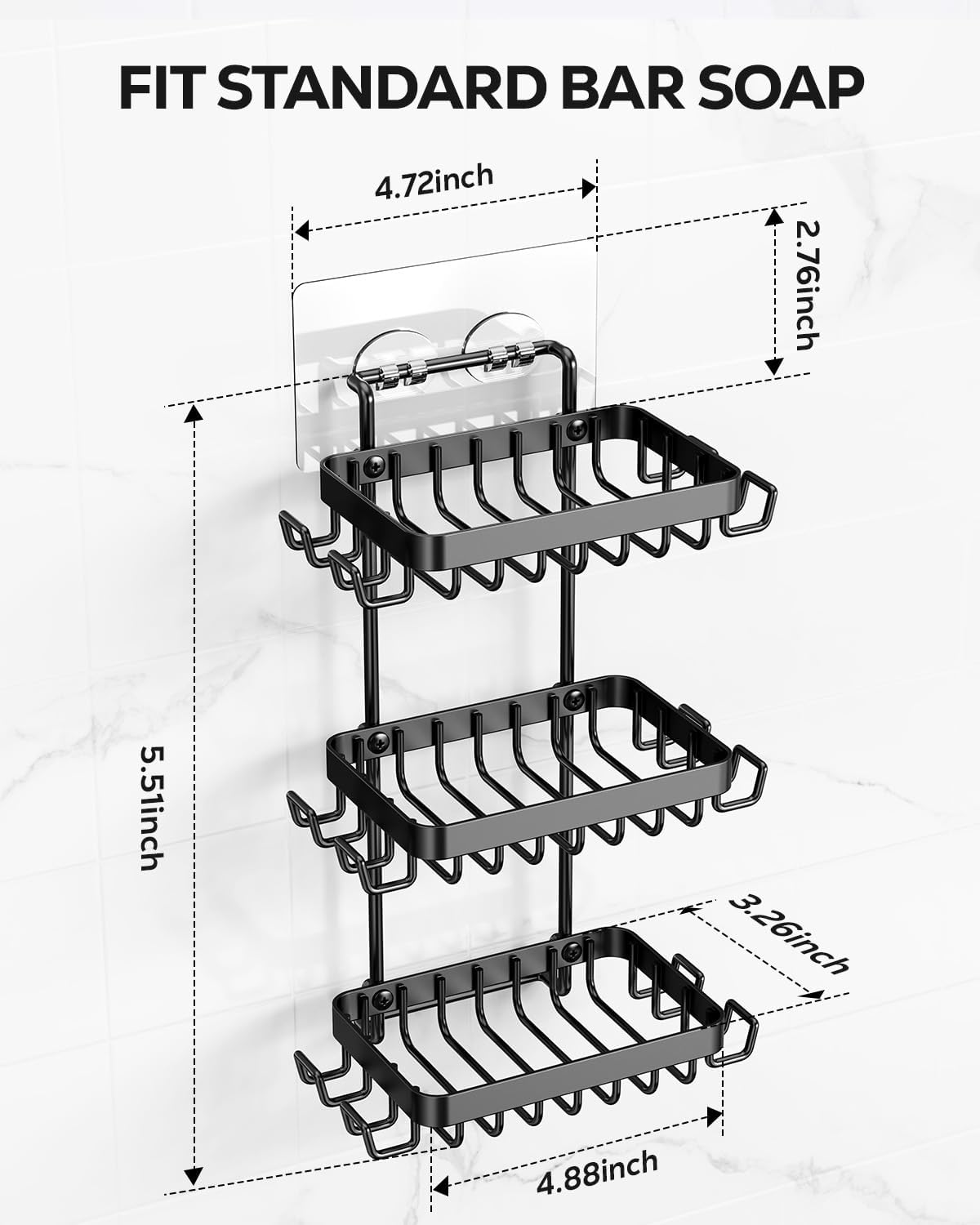 Nieifi Bar Soap Holder, Adhesive Soap Dish for Bathroom Shower Wall | Stainless steel, 2 tier, razor holders, 8 hooks, bathtub, kitchen sink, wall mounted, no drilling, counter, black