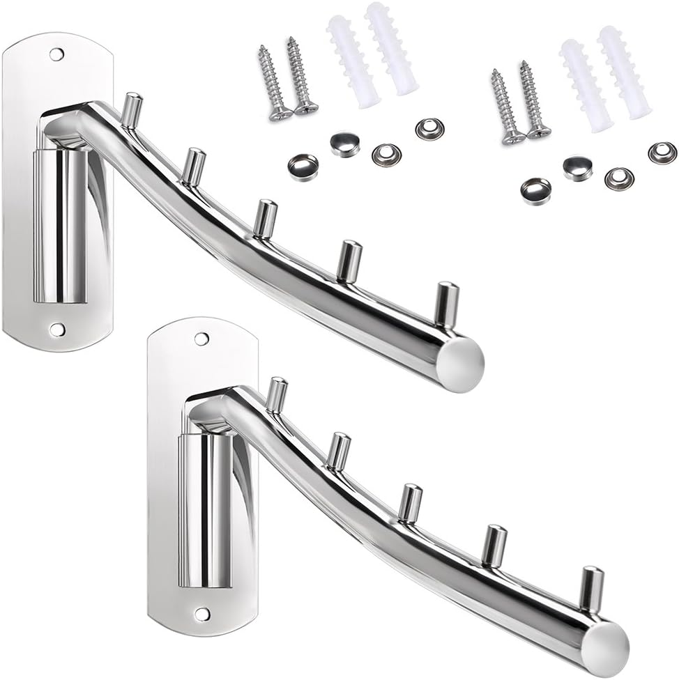 Sumnacon Stainless 2 Pcs Steel Clothes Hanger Rack-Wall Mount Garment Hook with Swing Arm, Sturdy Coat Robe Storage Organizer for Laundry Room Bedrooms Clothing Drying Rack with 5 Hooks, Gold