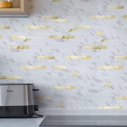 Art3d 10-Sheet Peel and Stick Backsplash Tile for Kitchen Bathroom Fireplace Laundry Room in White Slate with Gold Studded