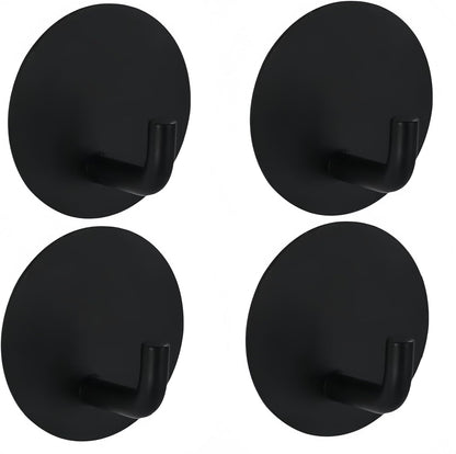 Adhesive Hooks Heavy Duty Shower Hook 4 Pack Waterproof, Black Stick on Hooks for Hanging Loofah Towel Robe Clothes, Removable Stainless Steel Bathroom Adhesive Wall Hooks