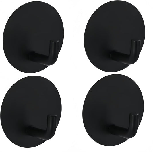 Adhesive Hooks Heavy Duty Shower Hook 4 Pack Waterproof, Black Stick on Hooks for Hanging Loofah Towel Robe Clothes, Removable Stainless Steel Bathroom Adhesive Wall Hooks