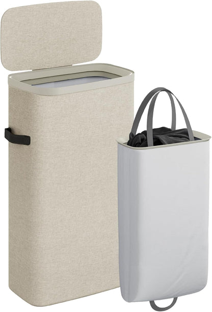 CASAMAYA Laundry Basket with Lid, Laundry Hamper 3 Section, 190L collapsible Laundry Organizer, Easy Assembly, with Handles and Removable Liners, 25.2 x 15.7 x 29.5 Inches, Beige JSP904M