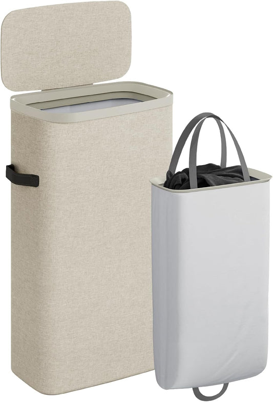 CASAMAYA Laundry Basket with Lid, Laundry Hamper 3 Section, 190L collapsible Laundry Organizer, Easy Assembly, with Handles and Removable Liners, 25.2 x 15.7 x 29.5 Inches, Beige JSP904M