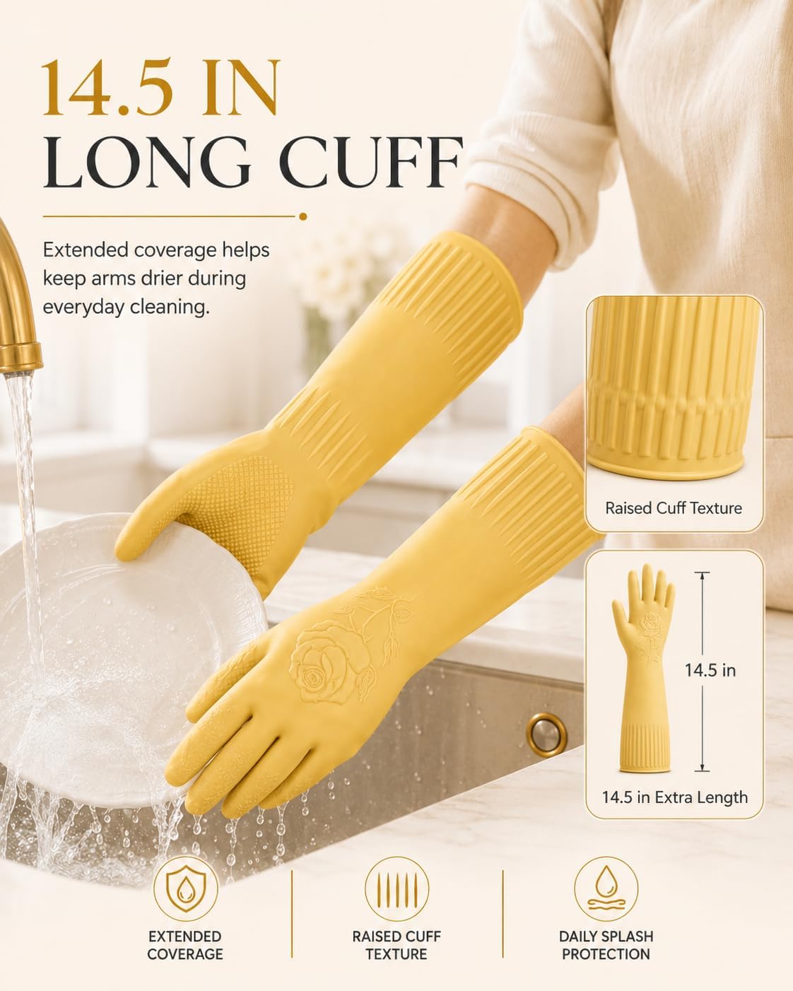 Disfore Rubber-Gloves Dishwashing Gloves for Cleaning-Kitchen - 2 Pairs Long Household Cleaning Gloves for Washing Dishes