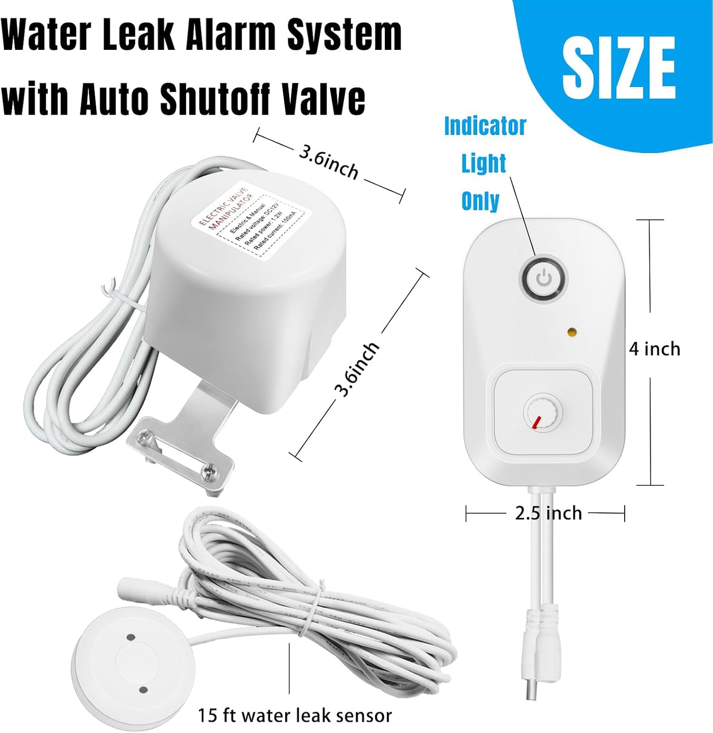Water Leak Detector for Home, Water Alarm Leak Detector with Automatic Shutoff, Includes Leak Sensor and Water Valve, for 3/4-Inch Diameter Pipe, Protect Your Home from Water Damage