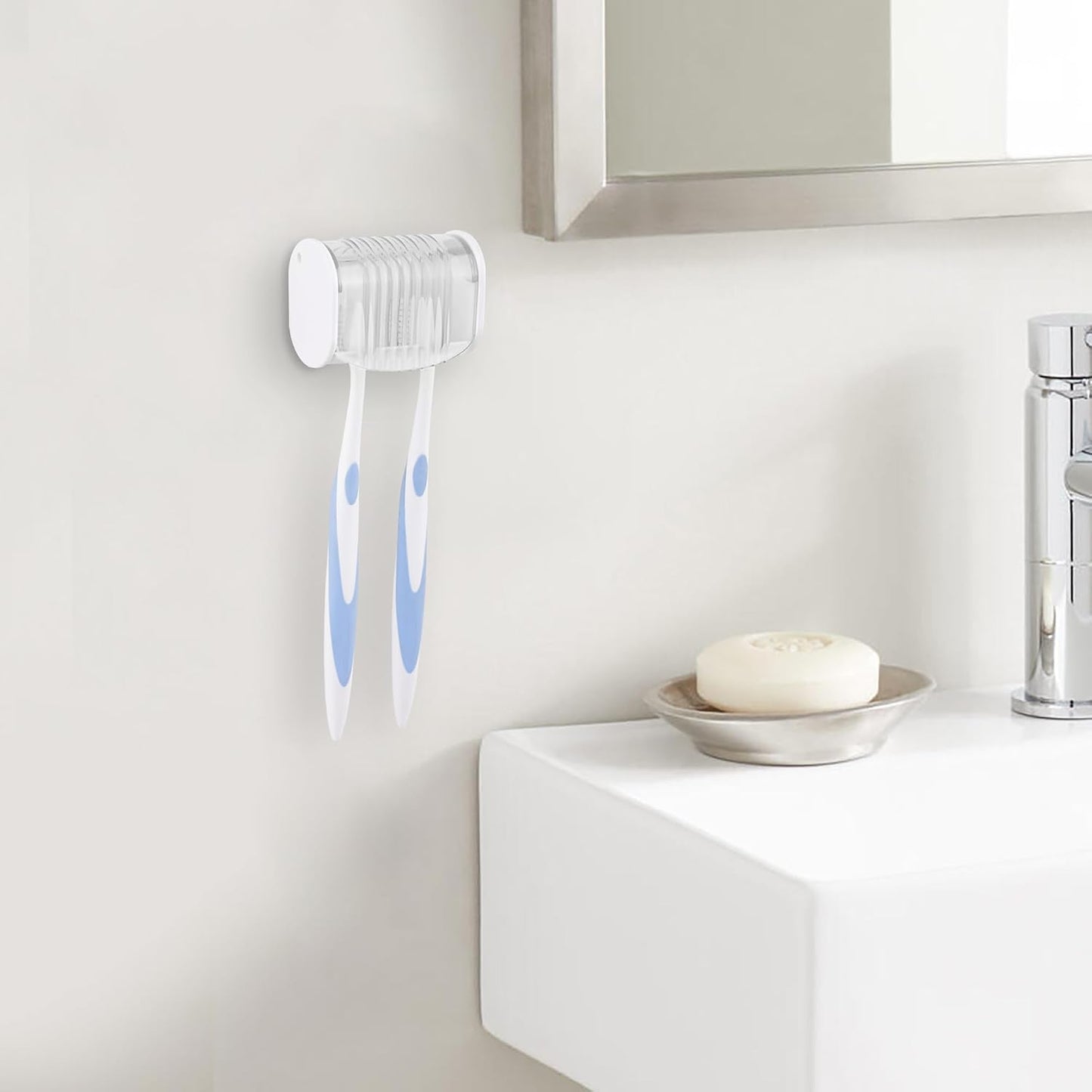 1 Pack Toothbrush Holder Wall Mounted with Cover for Bathroom, 2 Slots Toothbrush Storage Organizer for Shower, Self Adhesive Toothbrush Hanger (Grey)