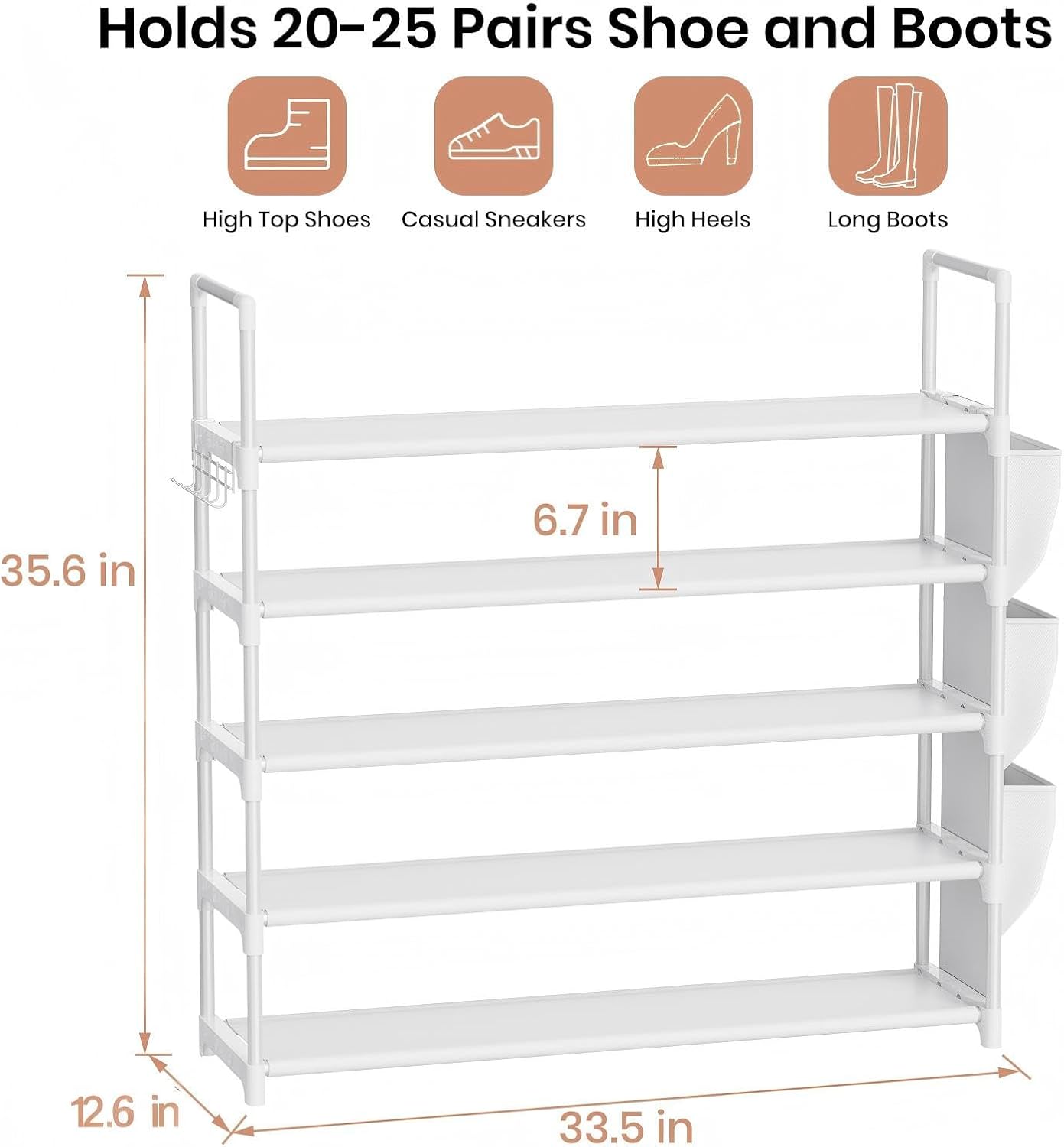 VILICK 5 Tier Shoe Rack with Hook and Side Pocket,Shoe Organizer Space Saver Storage for 20-25 Pair Shoe Storage Shelf Sturdy Free Standing Long Shoe Rack Organizer for Closet,Entryway,Small Spaces