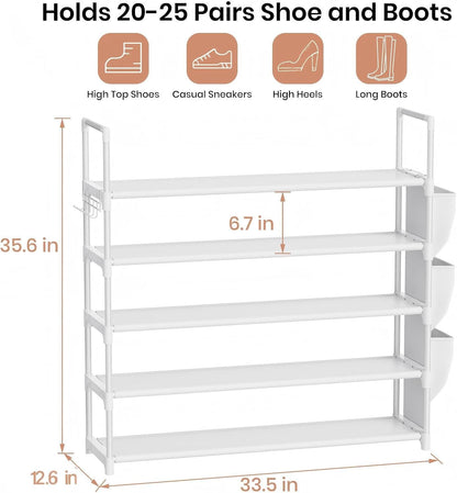 VILICK 5 Tier Shoe Rack with Hook and Side Pocket,Shoe Organizer Space Saver Storage for 20-25 Pair Shoe Storage Shelf Sturdy Free Standing Long Shoe Rack Organizer for Closet,Entryway,Small Spaces