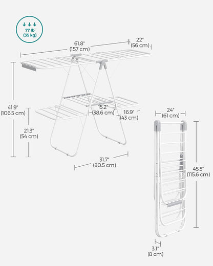 SONGMICS Clothes Drying Rack, with Sock Clips, Metal Laundry Rack, Foldable, Space-Saving, Free-Standing Airer, with 2 Height-Adjustable Gullwings, Indoor Outdoor Use, Gray ULLR052G01