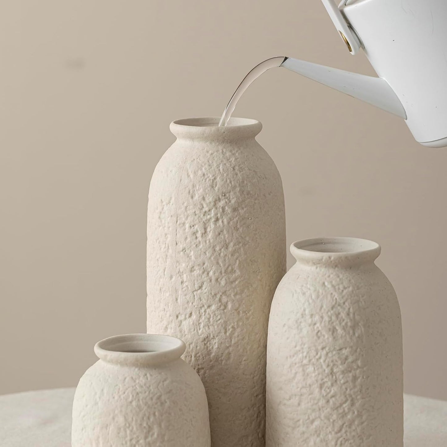 Ceramic Vase Set-3, Small Flower Vases for Decor, Modern Boho Farmhouse Style, Decorative Vases for Pampas Grass & Dried Flowers, Distressed Finish (Beige)