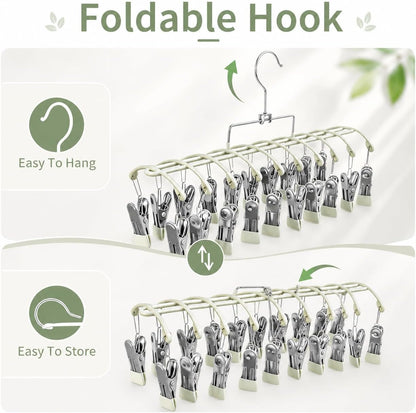 Sock Drying Rack with 20 Clips, Stainless Steel Laundry Hanger for Underwear, Space-Saving Clothes Airer with Foldable Hook, Non-Slip Clip Organizer Drying Station for Small Items