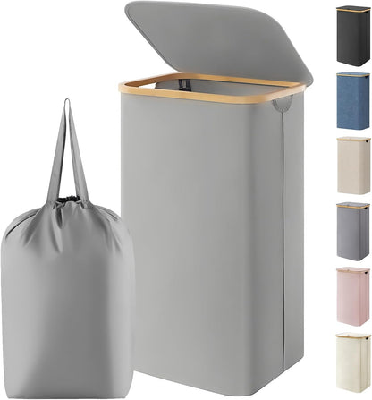 Lifewit 120L Laundry Basket with Lid, Clothes Hampers for Laundry with Bamboo Handles and 2 Removable Bag, Large Foldable Laundry Hamper for Bedroom, Bathroom, Dorm, Laundry Room, Beige