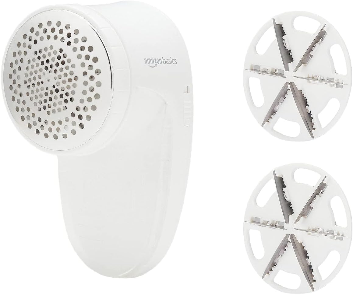 Amazon Basics Battery Operated Fabric Shaver for Clothes, Remove Pilling, Lint and Fuzz Removal, 6-Leaf Blades with Safety Lock, Portable, Includes 2 Spare Blades, White