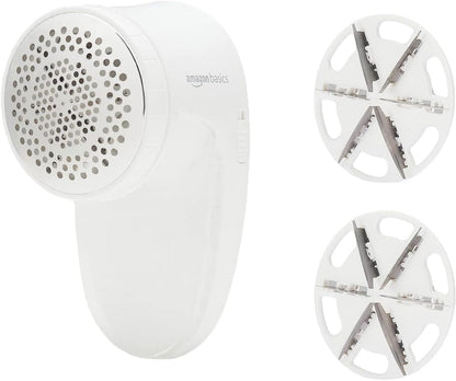 Amazon Basics Battery Operated Fabric Shaver for Clothes, Remove Pilling, Lint and Fuzz Removal, 6-Leaf Blades with Safety Lock, Portable, Includes 2 Spare Blades, White