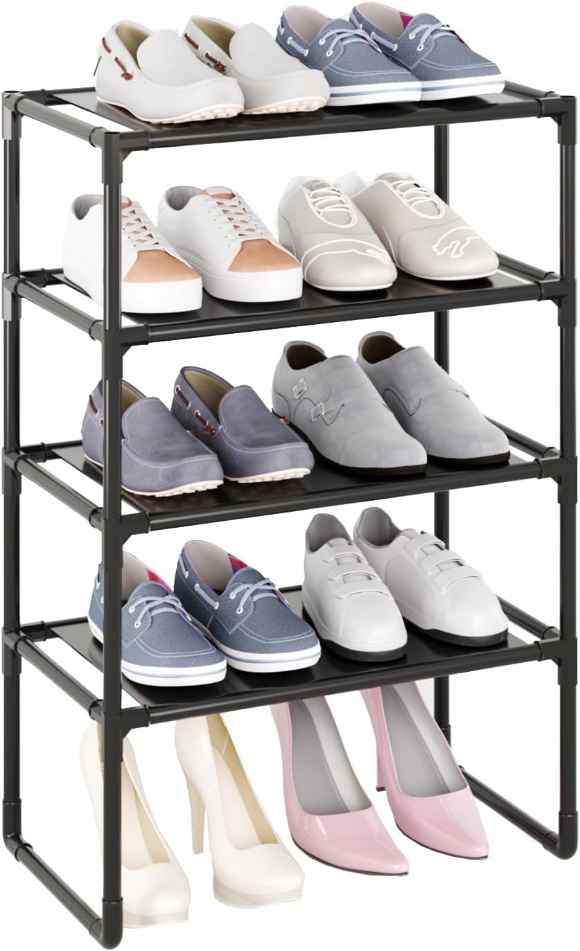 5-Tier Small Shoe Rack for Closet and Entryway, Narrow Shoe Shelf Organizer,Stackble Shoe Stand,Non-Woven Fabric Metal Free Standing Shoe Racks (White, 18" W x 9.9" D x 28.6" H)