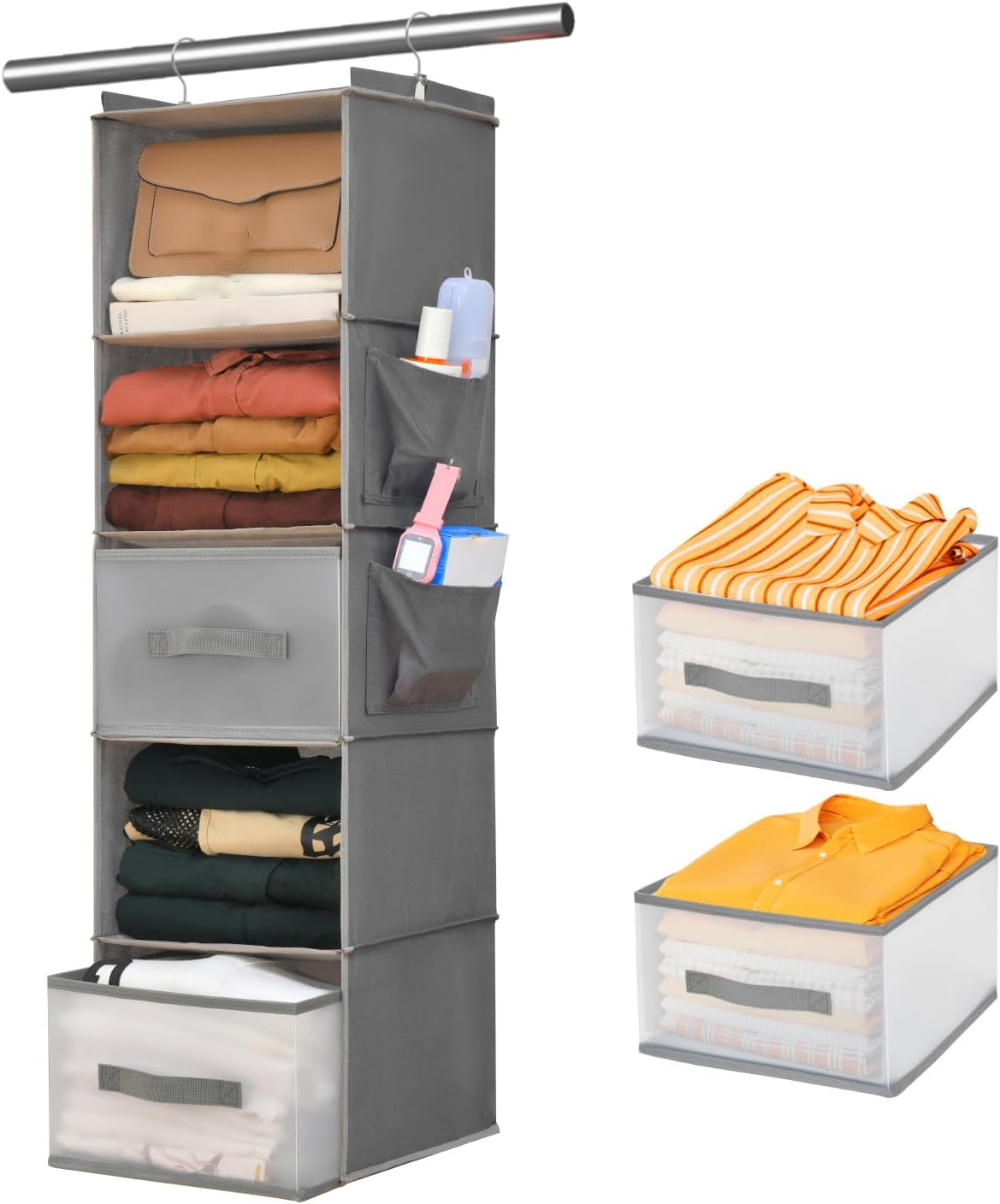 6-Shelf Hanging Closet Organizer with 3 Drawers & Side Pockets, Gray | Non-woven fabric, tool-free setup, ideal for bedrooms/dorms/RVs, 3 foldable transparent drawers for easy access