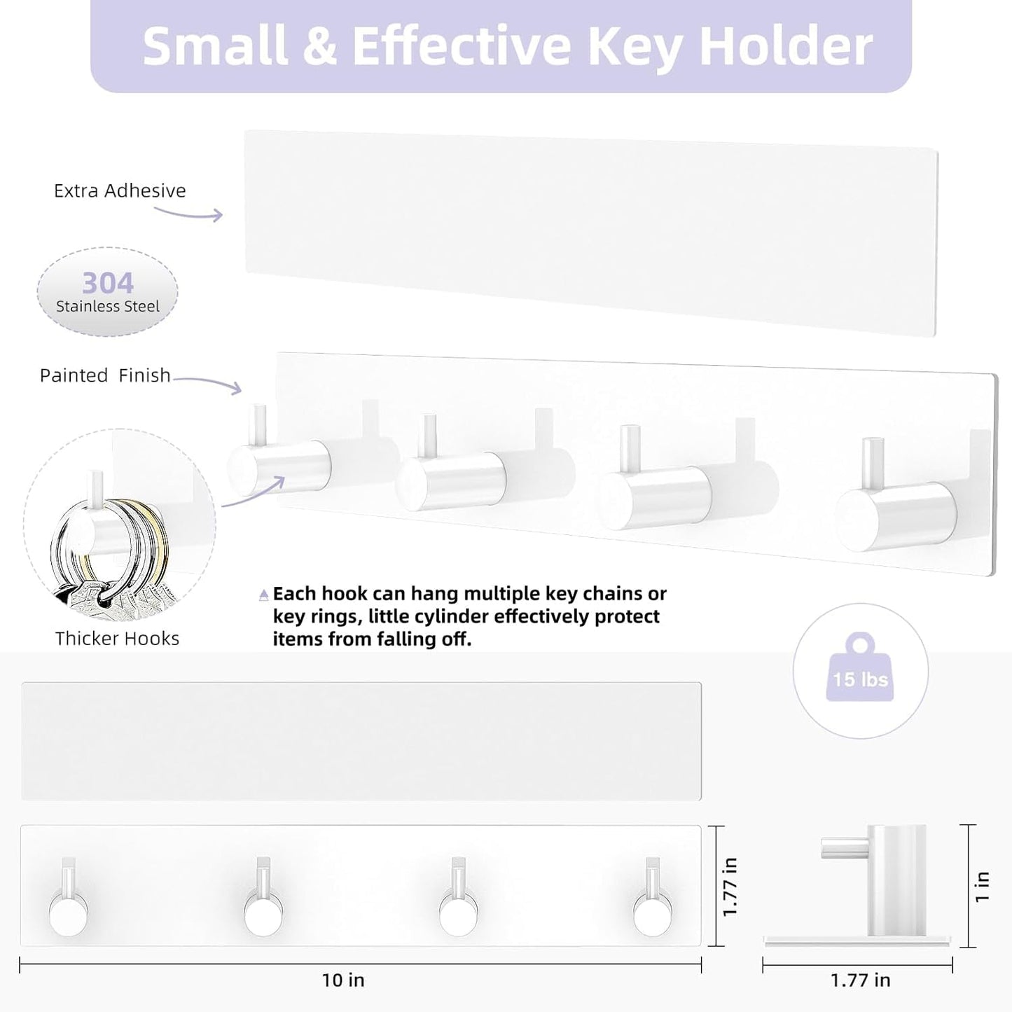 VIS'V Key Holder Wall Mount, Large Adhesive Key Hanger with 4 Hooks, Black | Metal Material, No Drilling, Extra Adhesive Strip, Suitable for Entryway, Hallway, Doorway, Kitchen, Garage, Camper