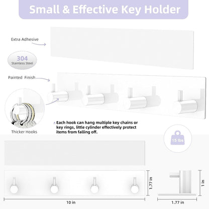 VIS'V Key Holder Wall Mount, Large Adhesive Key Hanger with 4 Hooks, Black | Metal Material, No Drilling, Extra Adhesive Strip, Suitable for Entryway, Hallway, Doorway, Kitchen, Garage, Camper