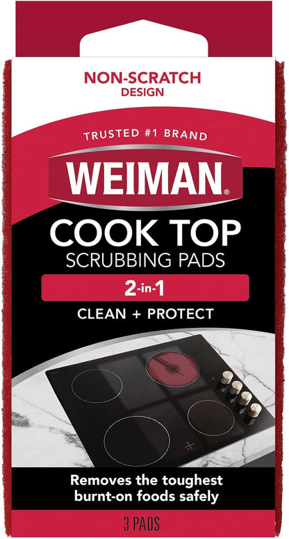 Weiman Cooktop Scrubbing Pads, 3 Count Scratch-Free Cleaning Pads for Cermaic, Glass Cooktop Surfaces, Removes Tough Burned-On Food & Residue