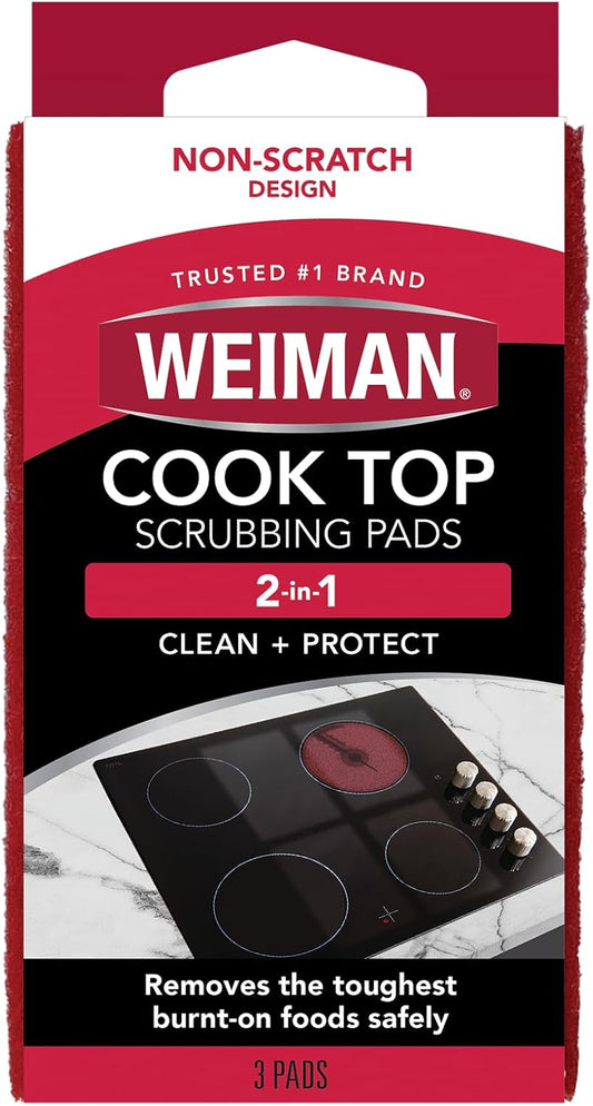 Weiman Cooktop Scrubbing Pads, 3 Count Scratch-Free Cleaning Pads for Cermaic, Glass Cooktop Surfaces, Removes Tough Burned-On Food & Residue