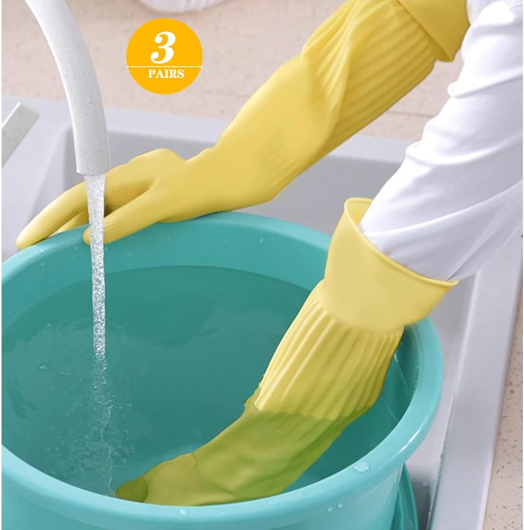 3-Pair 17.8-Inch Elbow-Length Reusable Rubber Waterproof Household Cleaning and Kitchen Dishwashing Gloves - Medium Size