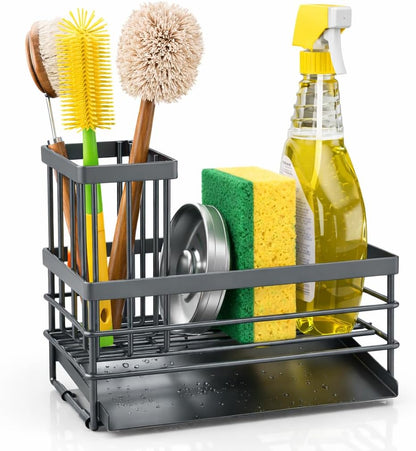 Cisily Sink Caddy Sponge Holder for Kitchen with Brush Holder and Stainless Steel Self Drain Tray, Rustproof Kitchen Sink Organizer for Sponge, Soap Dispenser Storage Accessories (Black)