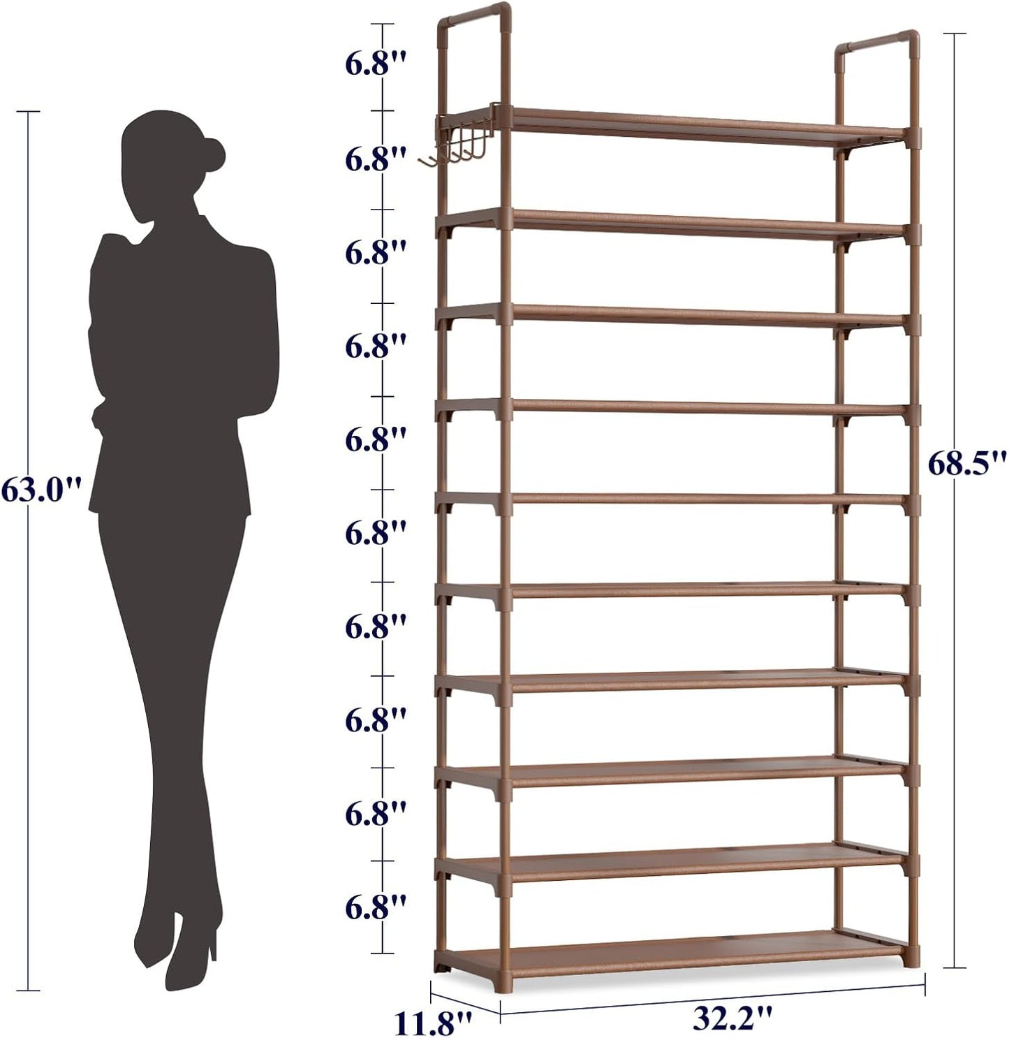 Kitsure Shoe Rack for Closet - 10-Tier Shoe Organizer with Hook Rack, Large-Capacity & Space-Saving Shoe Shelf for Entryway, Bedroom, Living Room,32.2" x 11.8" x 68.5", Black