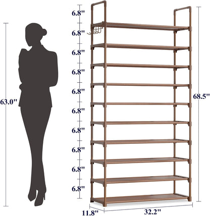 Kitsure Shoe Rack for Closet - 10-Tier Shoe Organizer with Hook Rack, Large-Capacity & Space-Saving Shoe Shelf for Entryway, Bedroom, Living Room,32.2" x 11.8" x 68.5", Black