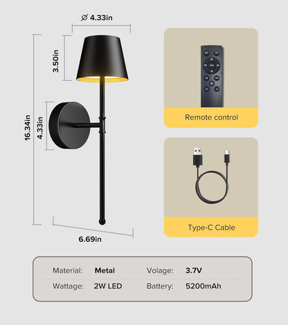 UME Wireless Sconces Set of 2 with Remote, 5200mAh Battery Powered Sconces - Small Rechargeable Sconces w/ 3 Color Temps & 5 Brightness Levels for Bedroom, Living Room, Wall Painting, Cafe (Black)