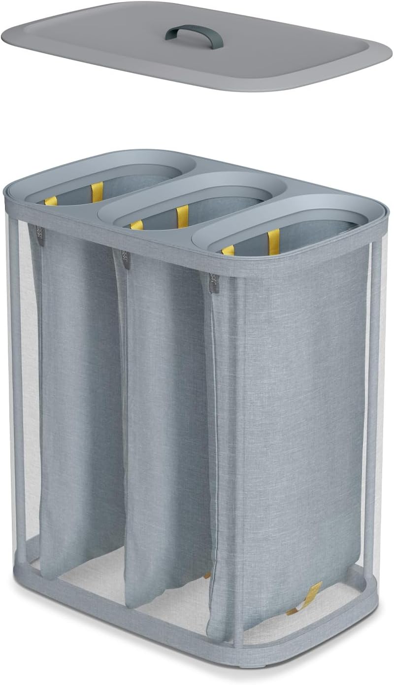 Joseph Joseph Tota Trio 90 liter/23.8 gallon Laundry Hamper Separation Basket with lid, 3 Removable Washing Bags with Handles- Ecru