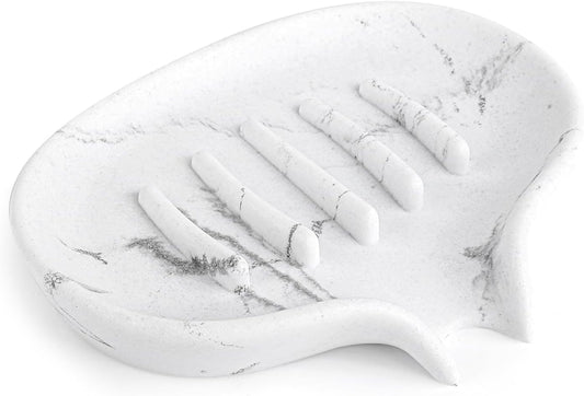 Self Draining Soap Dish for Shower and Bathroom Sink - Large Marble Resin Soap Holder with Drain, Non Slip Soap Tray for Bar Soap, Kitchen & Bathroom Counter