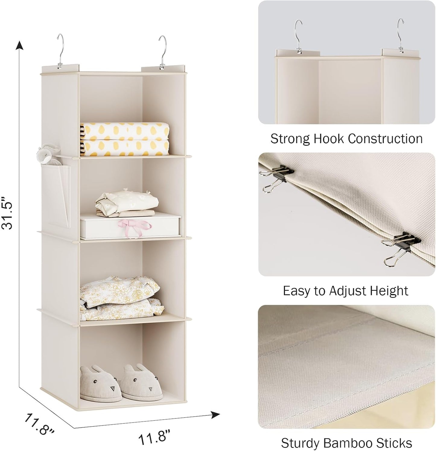 YOUDENOVA Hanging Closet Organizer, 4-Shelf Closet Hanging Storage Shelves, Grey