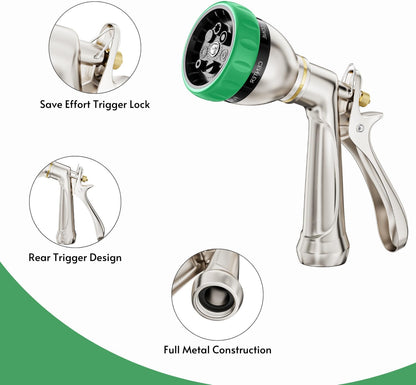 HOSUN 100% Metal Heavy Duty Garden Hose Nozzle Sprayer | 7 Spray Patterns, Lockable Rear Trigger, High Pressure for Plant Watering, Lawn Care, Car Washing & Pet Bathing