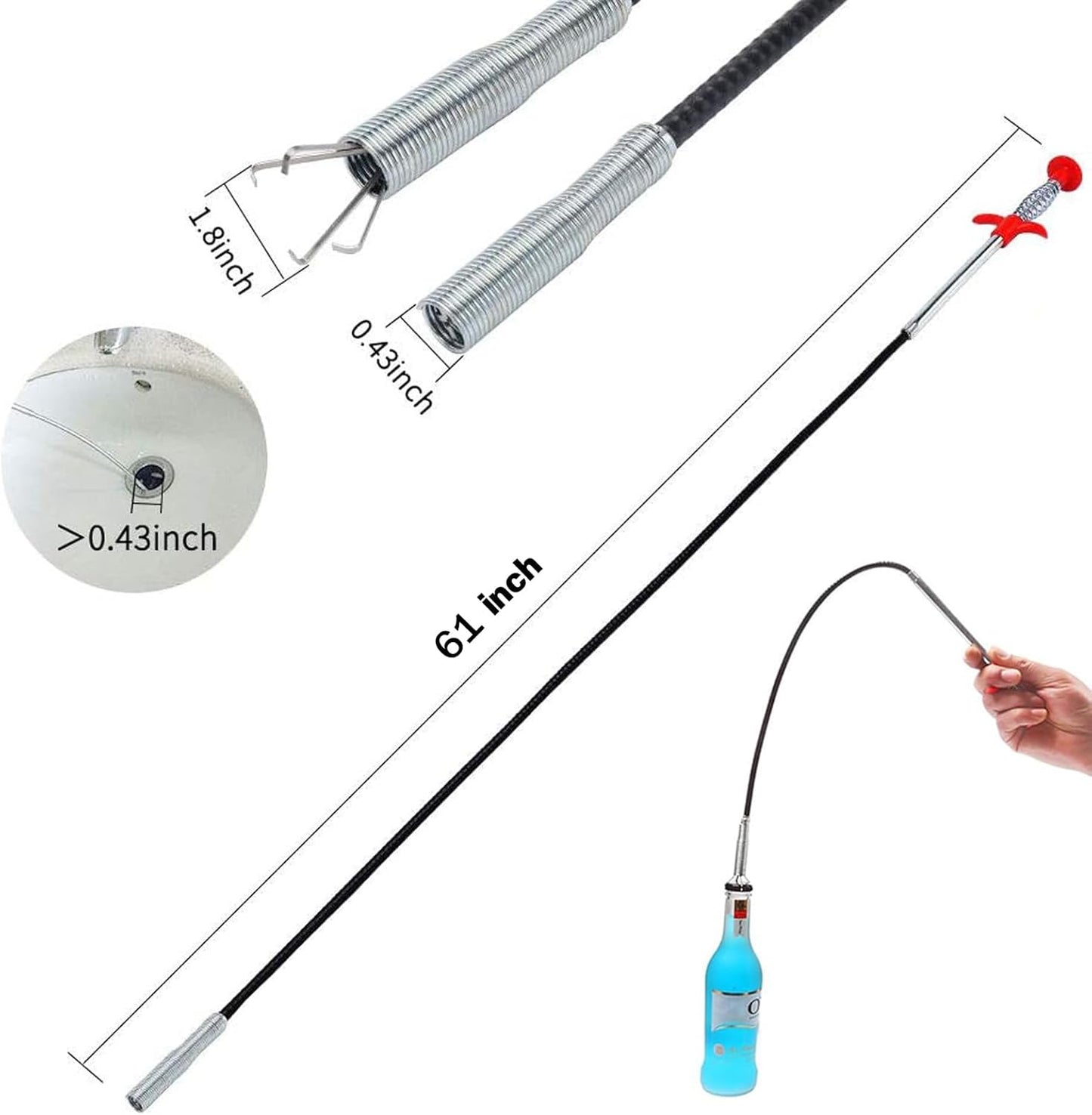 Drain Snake，116" Flexible Grabber Claw Tool Reacher Drain Snake Hair Drain Clog Remover for Toilet Sewer Shower Kitchen Bathroom Tub Clogged Drains Opener Cleaning Tool
