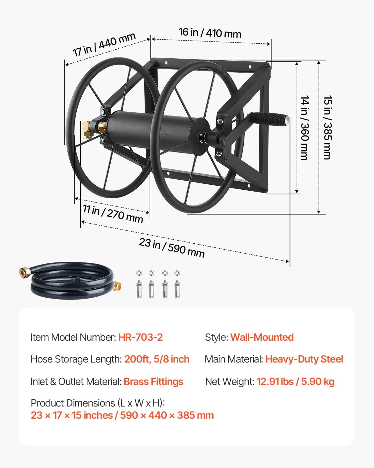VEVOR Wall Mounted Garden Hose Reel, Holds 125 ft 5/8-inch Hose, Heavy-Duty Water Hose Winder, Space-Saving Design, Outdoor Manual Reel with Brass Fitting and Storage Basket for Yard Lawn