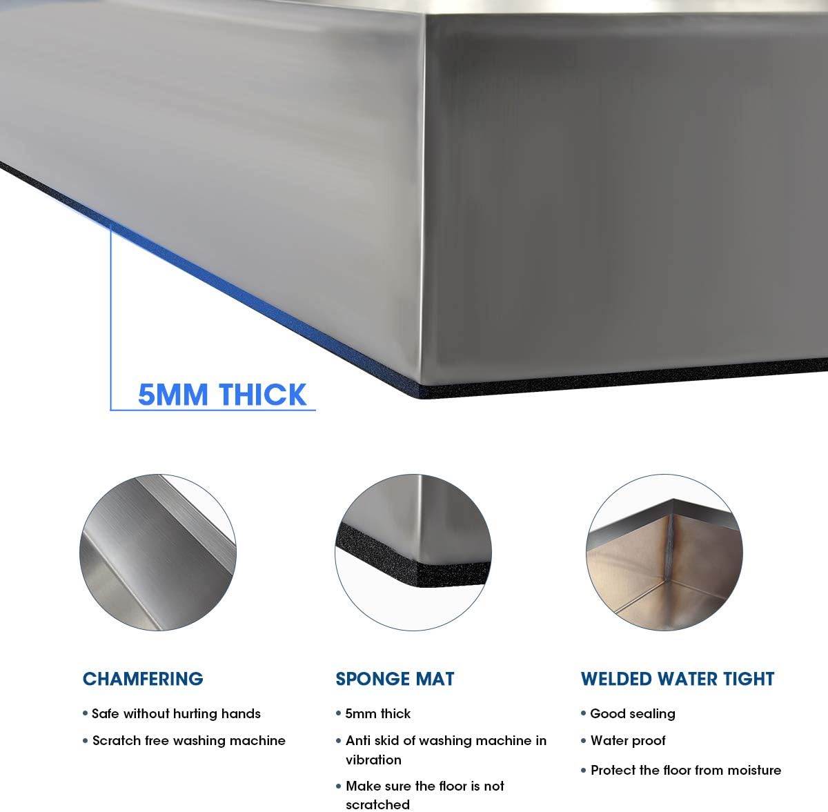 Washing Machine Pan-28" x 30" x 2.5", Heavy Duty 304 Stainless Steel, Washing Machine Tray with Anti-Slip Bottom Pad, Raised Edge Drain Pan, No Hole, Leak Protection for Laundry Room