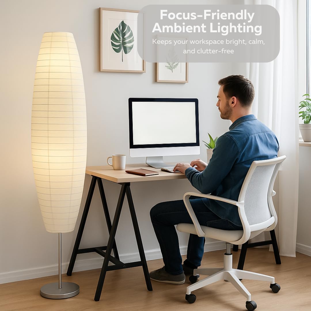LIGHTACCENTS 50” Rice Paper Standing Lamp – Modern Japanese Floor Lamp with Chrome Base, White Shade, Foot Pedal Switch – Floor Lamps for Living Room, Bedroom, or Meditation Space