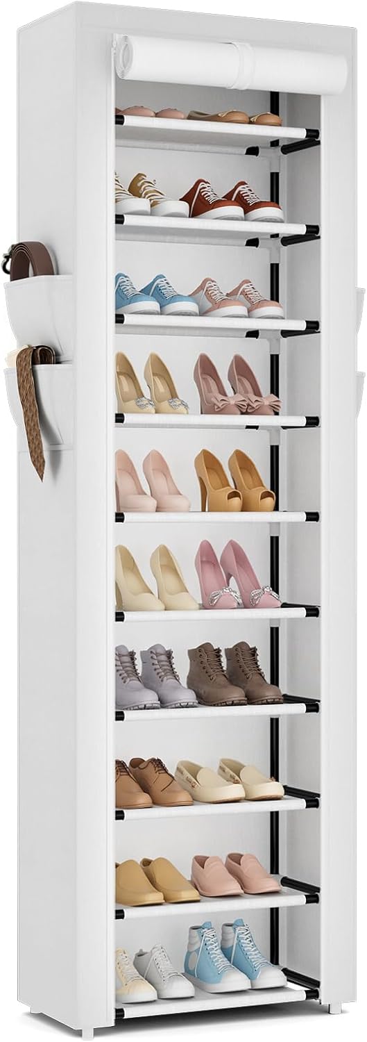ROJASOP 10 Tier Shoe Rack with Covers,Large Capacity Stackable Tall Shoe Shelf Storage to 50-55 Pairs Shoes and Boots Sturdy Metal Free Standing Shoe Rack Organizer for Closet Entryway Garage